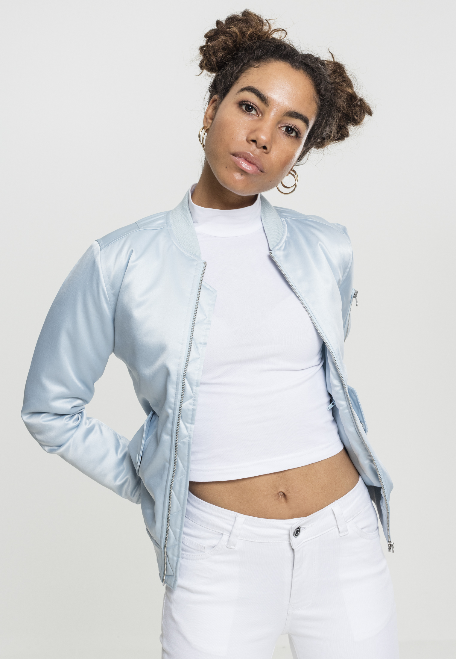 Women's Satin Jacket Bomber Jacket Babyblue