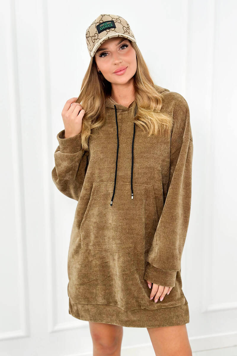 Levně Manšestrové šaty s kapucí Camel