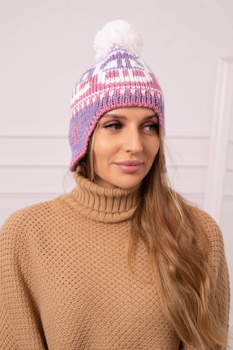 Beanie with pompom Rosa K368 purple+white+dark pink