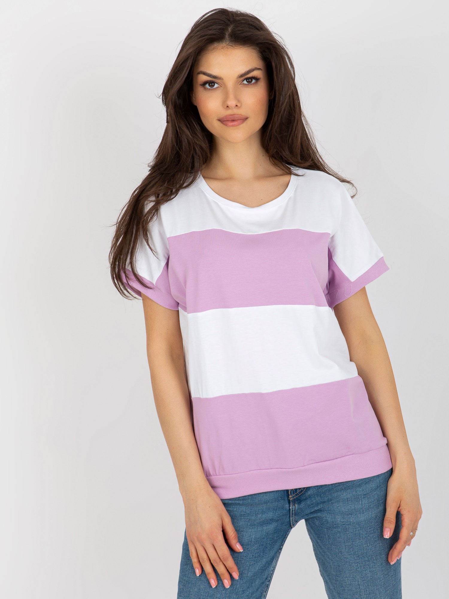 White and light purple basic cotton summer blouse