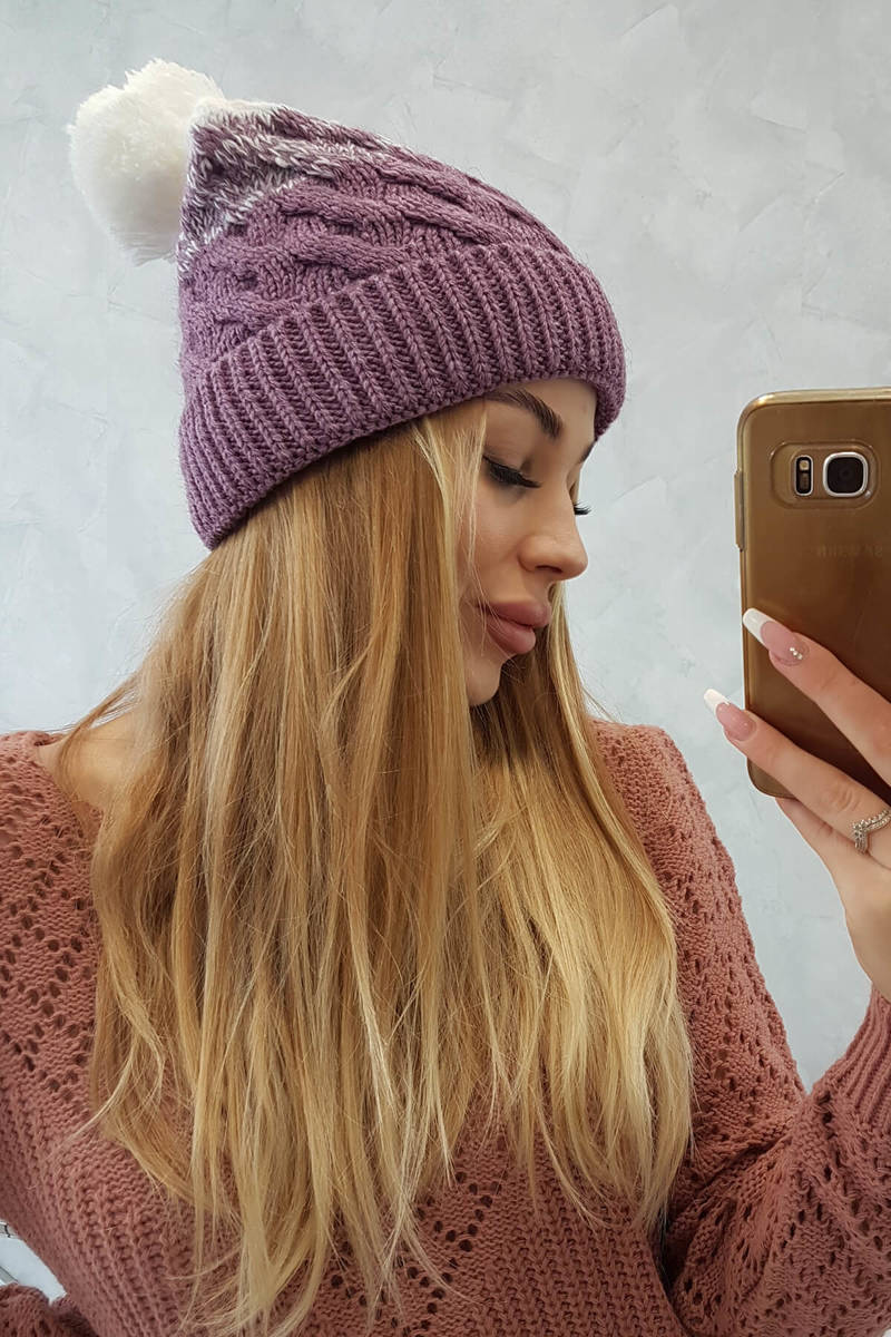 Beanie with fleece Ilona K218 purple+white