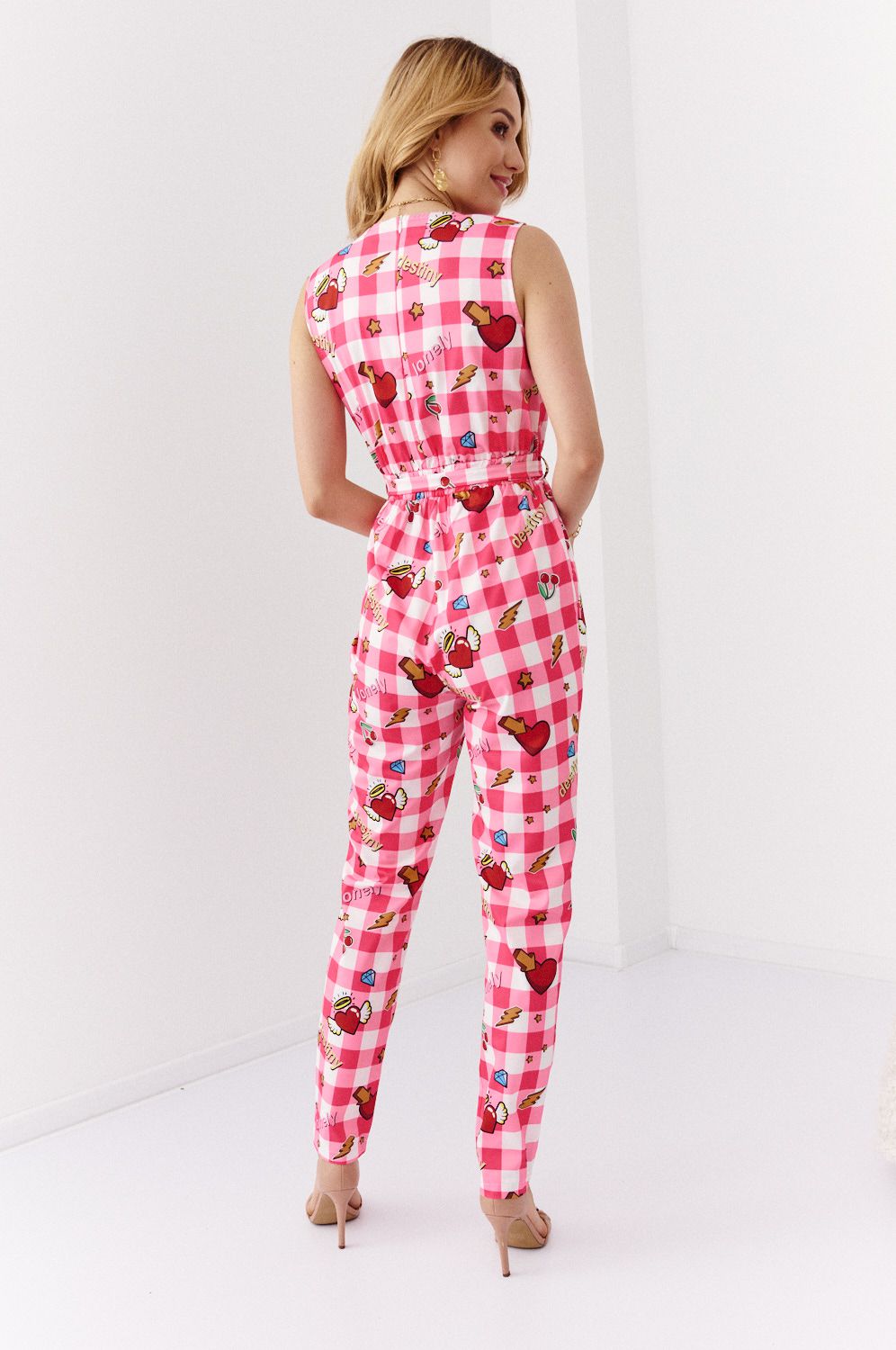 Pink plaid jumpsuit with clutch neckline