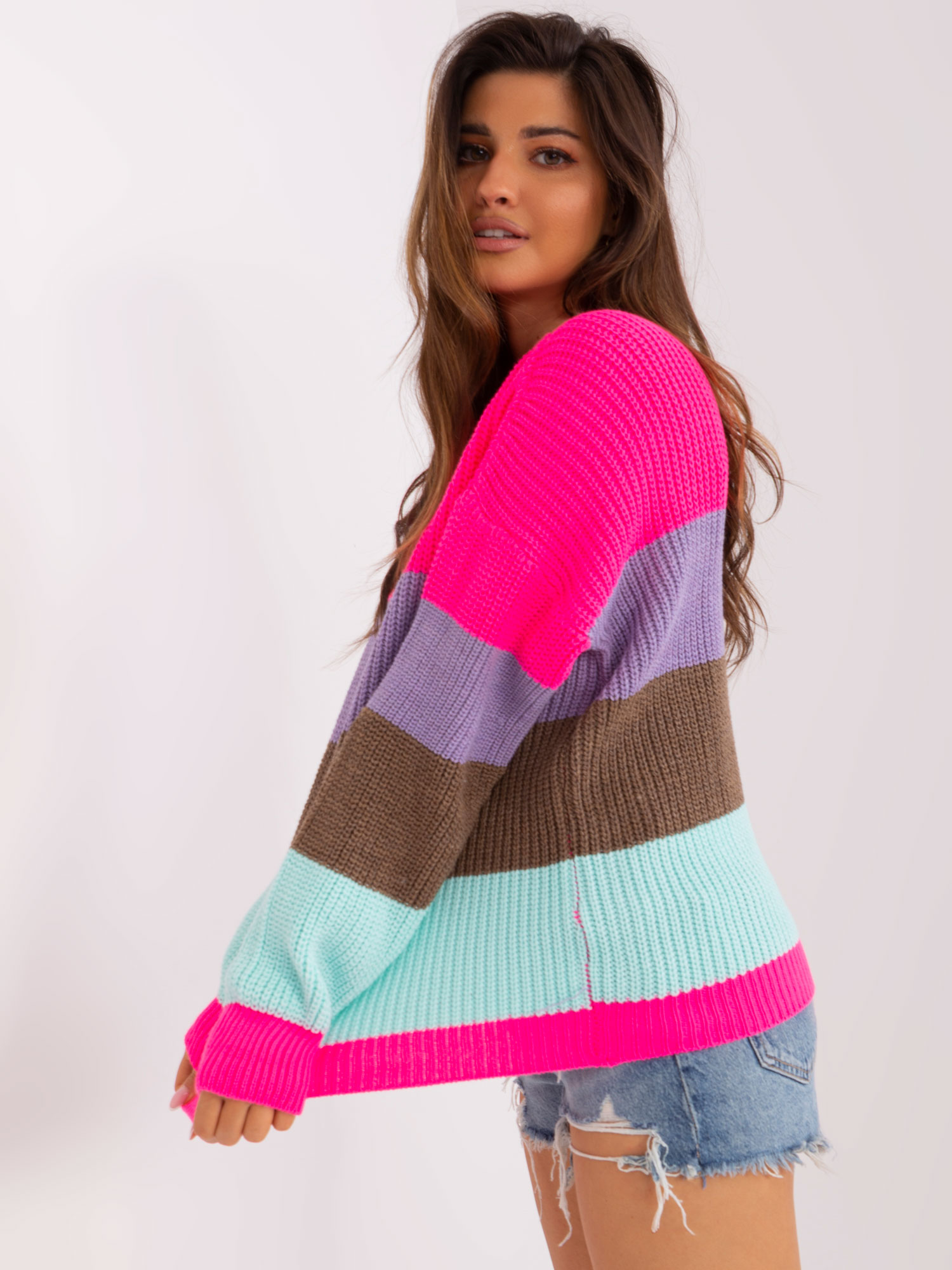 Fluo Pink And Brown Oversized Sweater With Wool