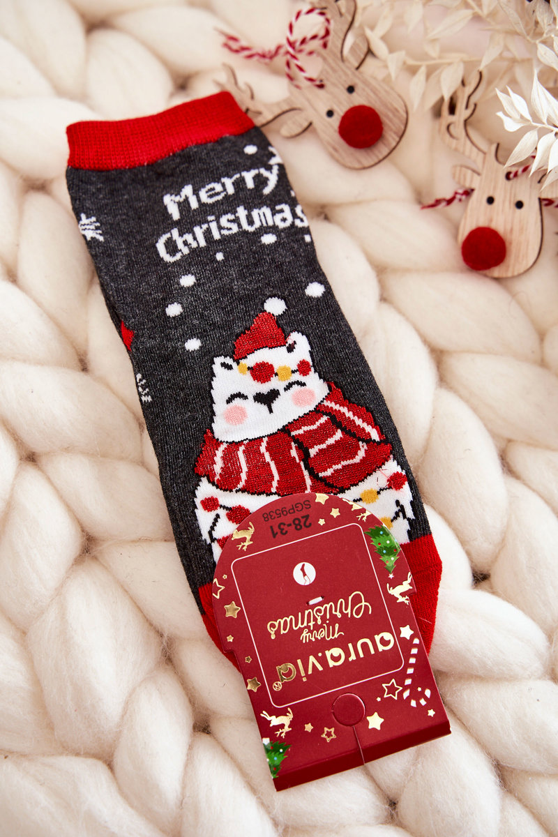 Children's Socks Merry Christmas Bear Gray And Red