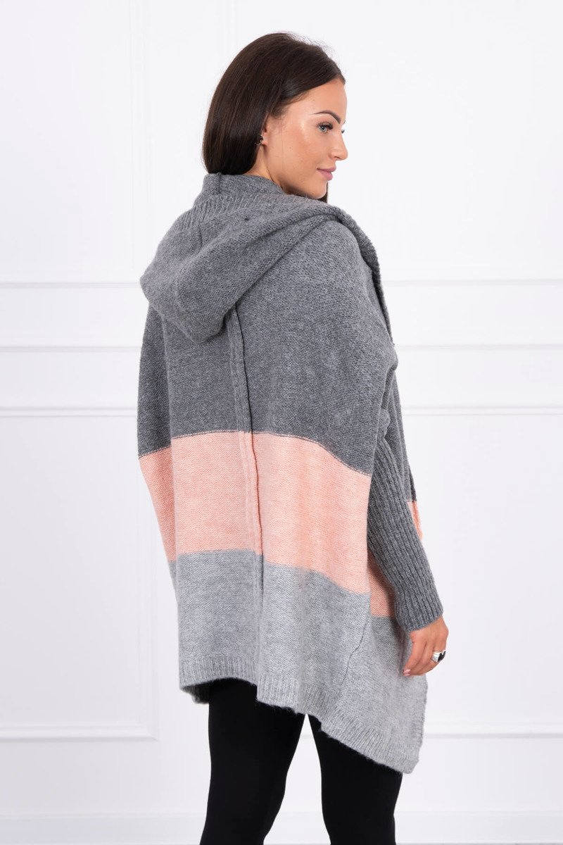 Levně Tříbarevný svetr s kapucí grafit+pudrová růžová+šedá