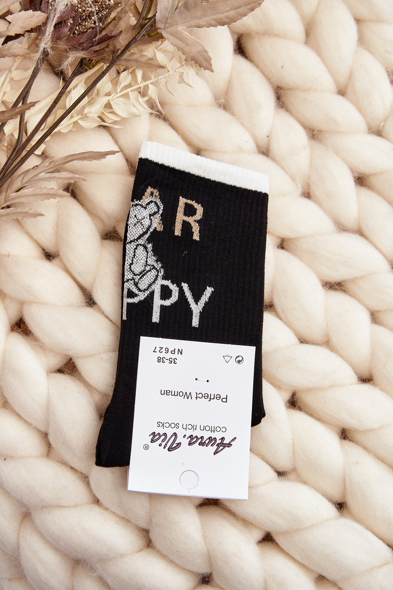 Levně Dámské bavlněné ponožky s nápisem a medvídkem, černé
