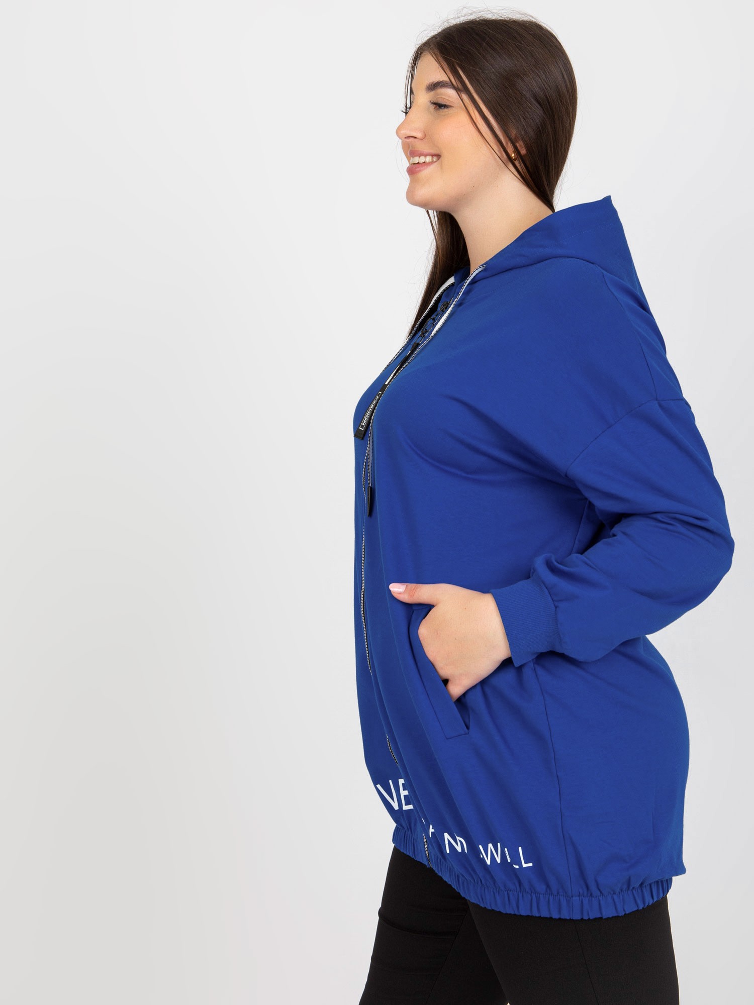 Size Dark Blue Zippered Hoodie With Text