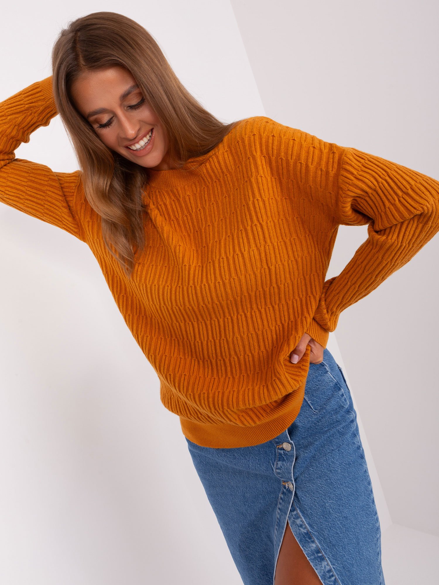 Light Orange Classic Sweater With A Round Neckline