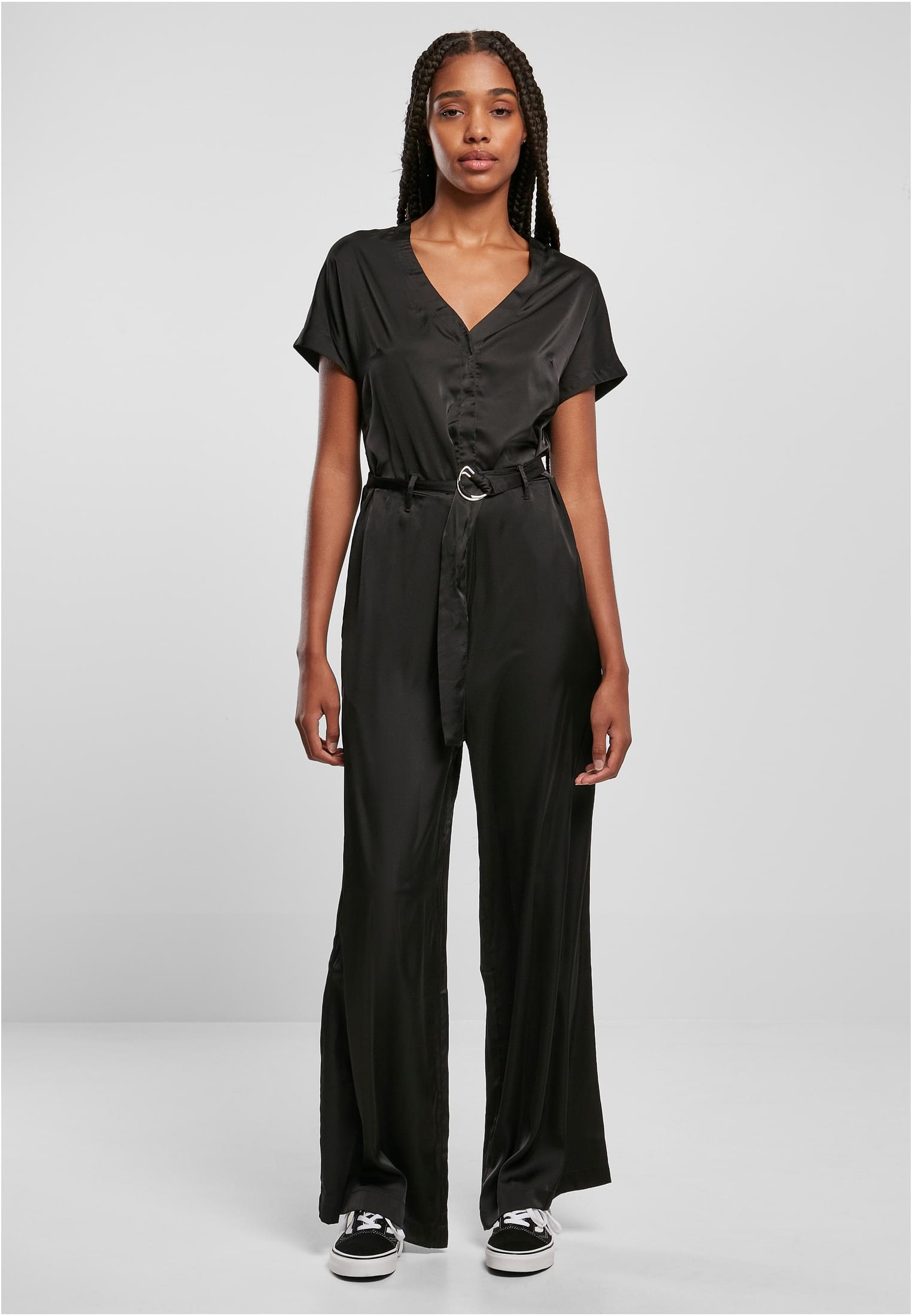 Women's Satin Jumpsuit With A Wide Belt In Black