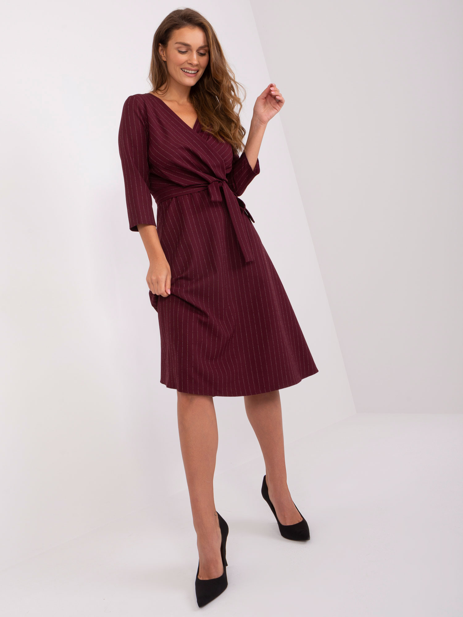 Burgundy Midi Cocktail Dress With Belt