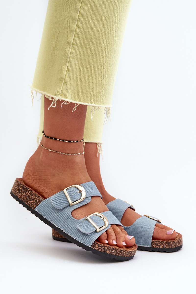 Levně Dámské džínové pantofle na korkové platformě s ramínky, modrá Doretta