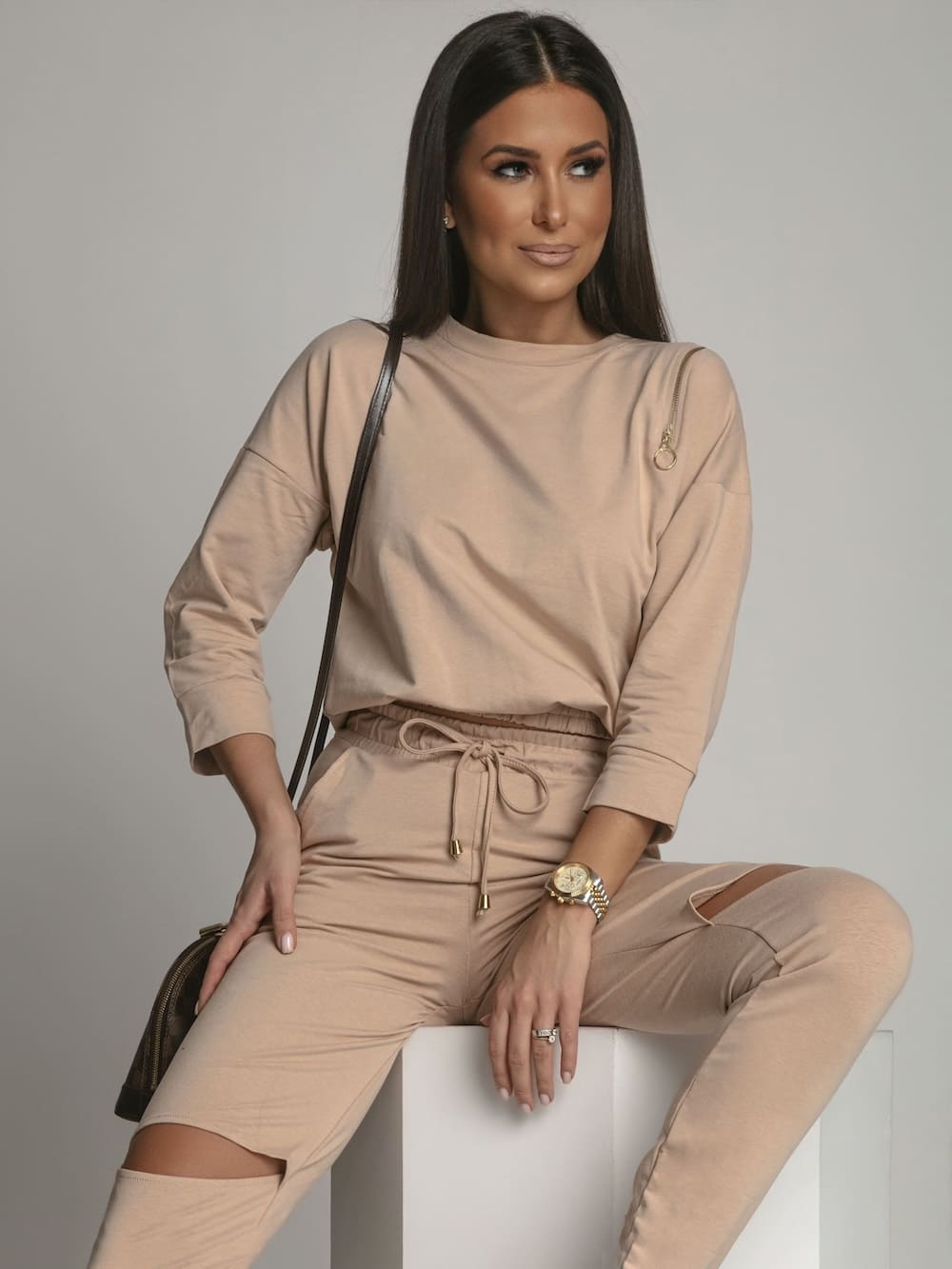 Sports Tracksuit With Slits At Knees, Beige