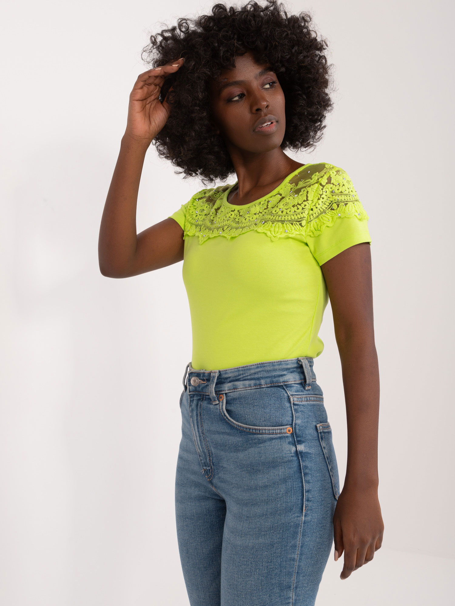 Lime green cotton blouse with lace