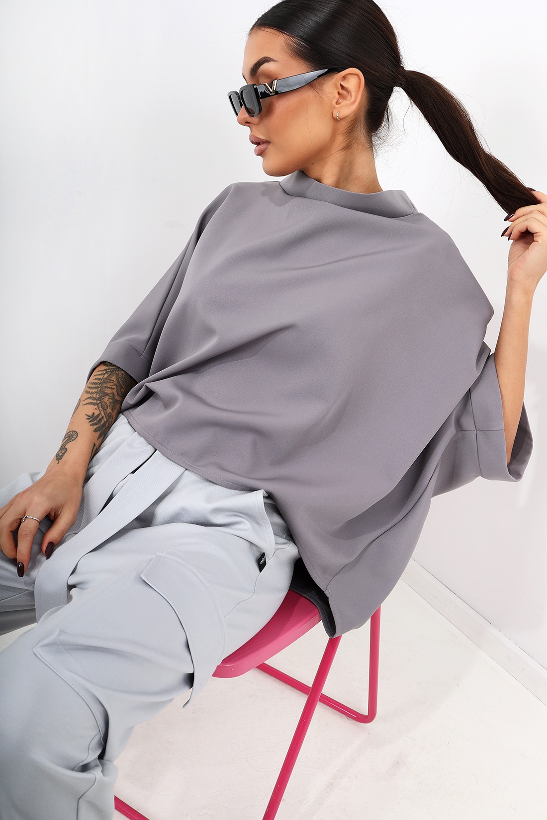 Gray oversized kimono blouse with stand-up collar