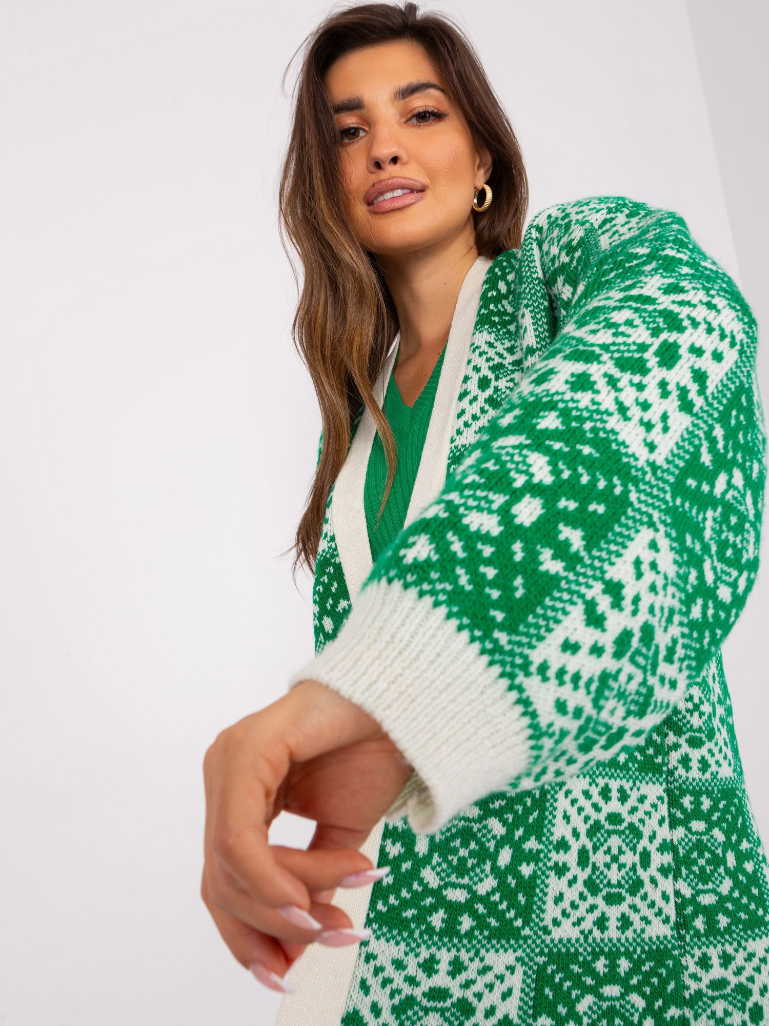 Green And Ecru Loose Cardigan With Patterns