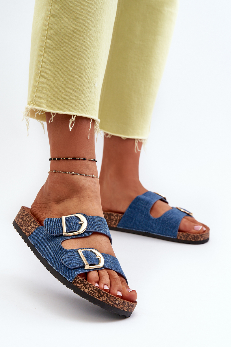 Women's denim slippers on a cork platform with straps, dark blue Doretta