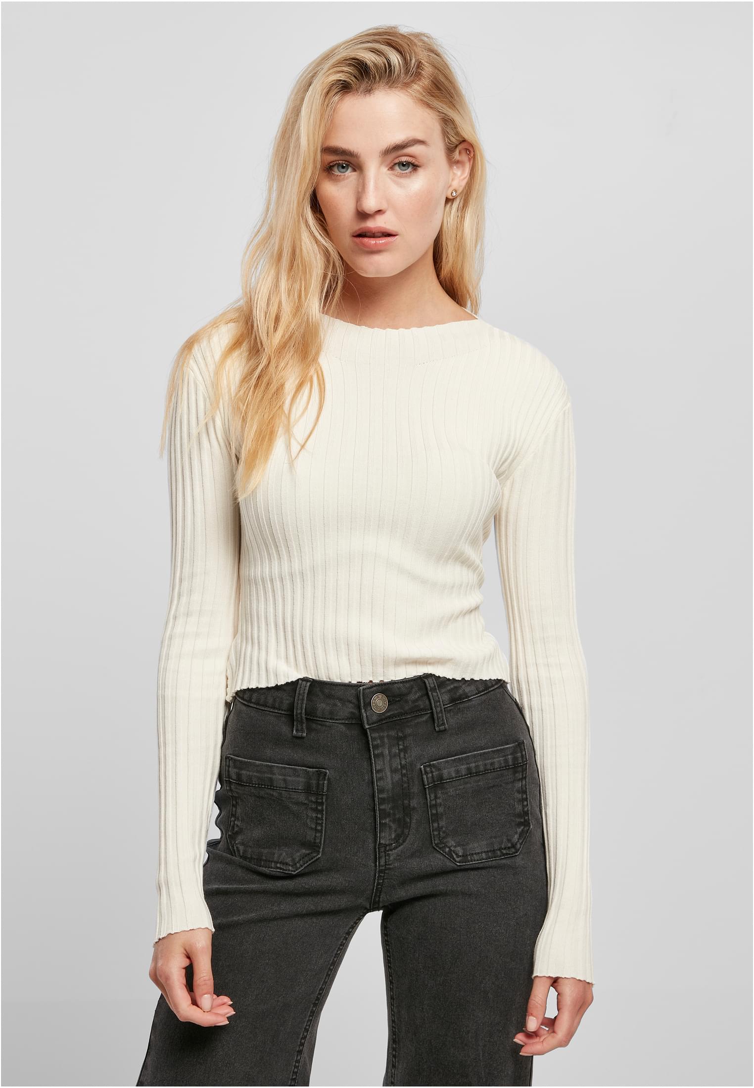 Women's Sweater With Short Rib Knit - White