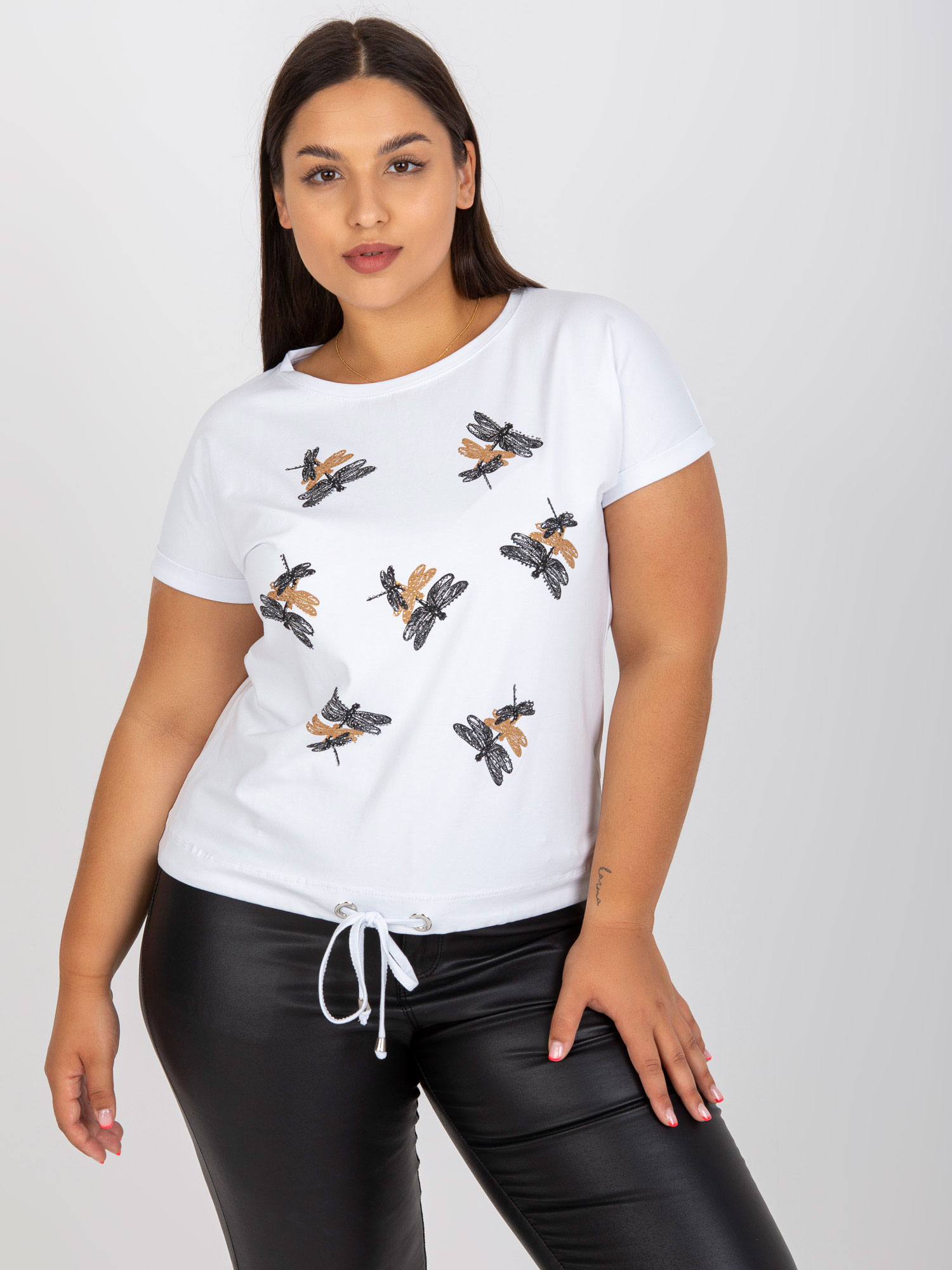 White T-shirt plus size with application of rhinestones