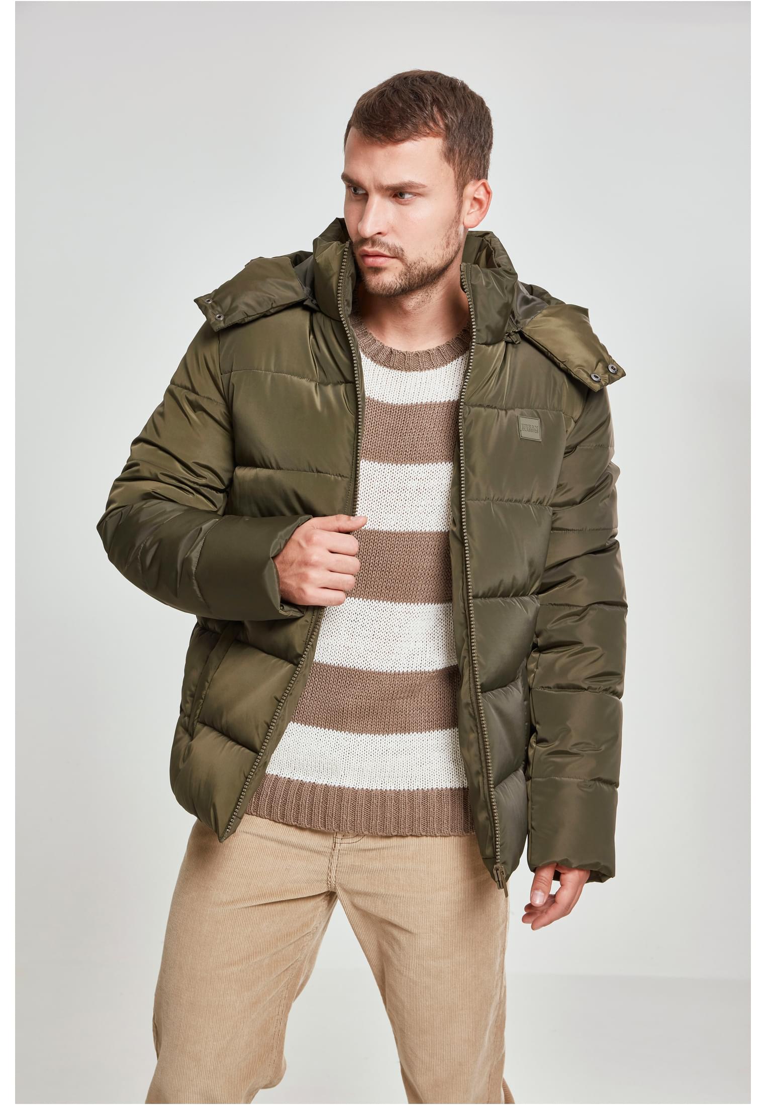 Пухено яке с качулка, тъмно маслинено