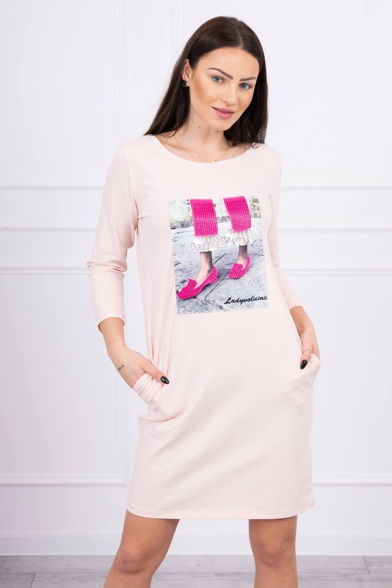 Levně Šaty s grafikou 3D se zirkony pudrově růžové