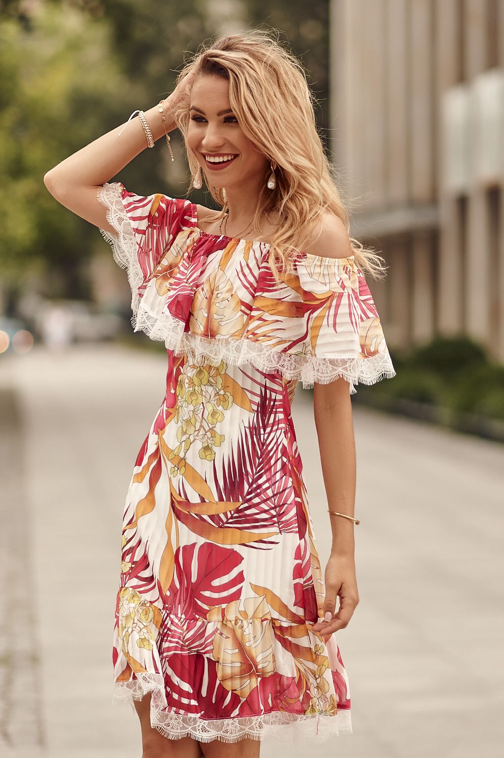 Cream dress with a Spanish neckline in purple flowers