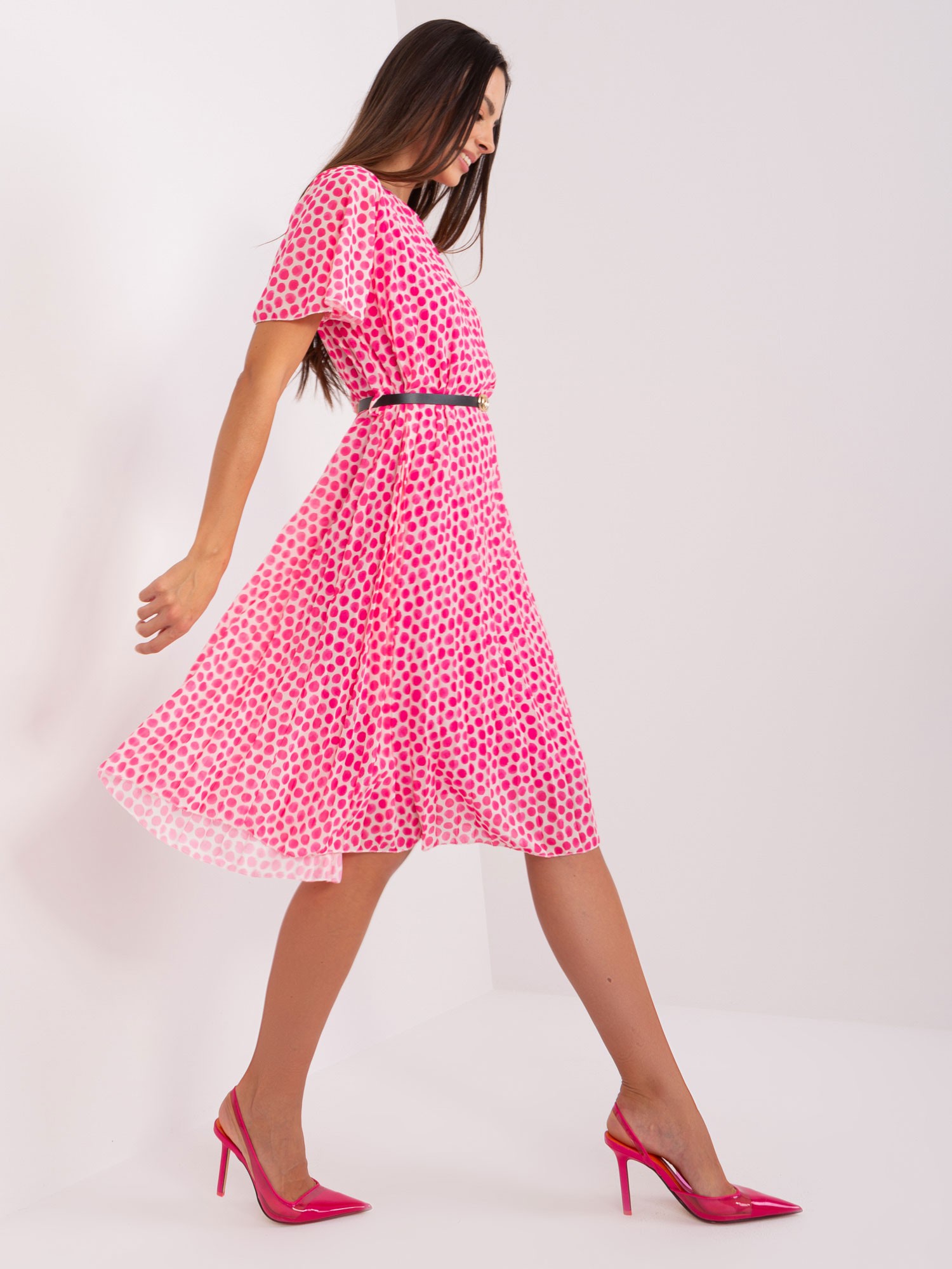 Pink-white Flowing Dress With Polka Dots