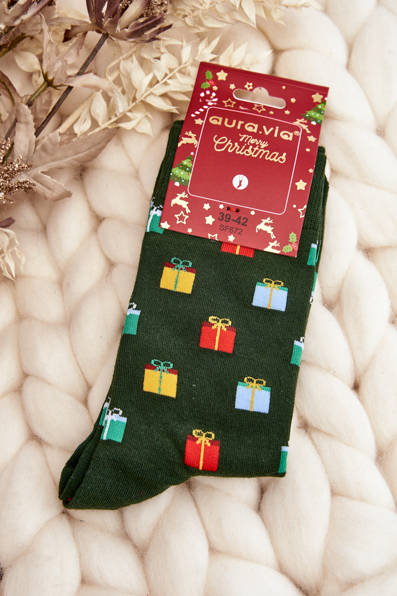 Levně Pánské bavlněné vánoční vzory ponožek tmavě zelené
