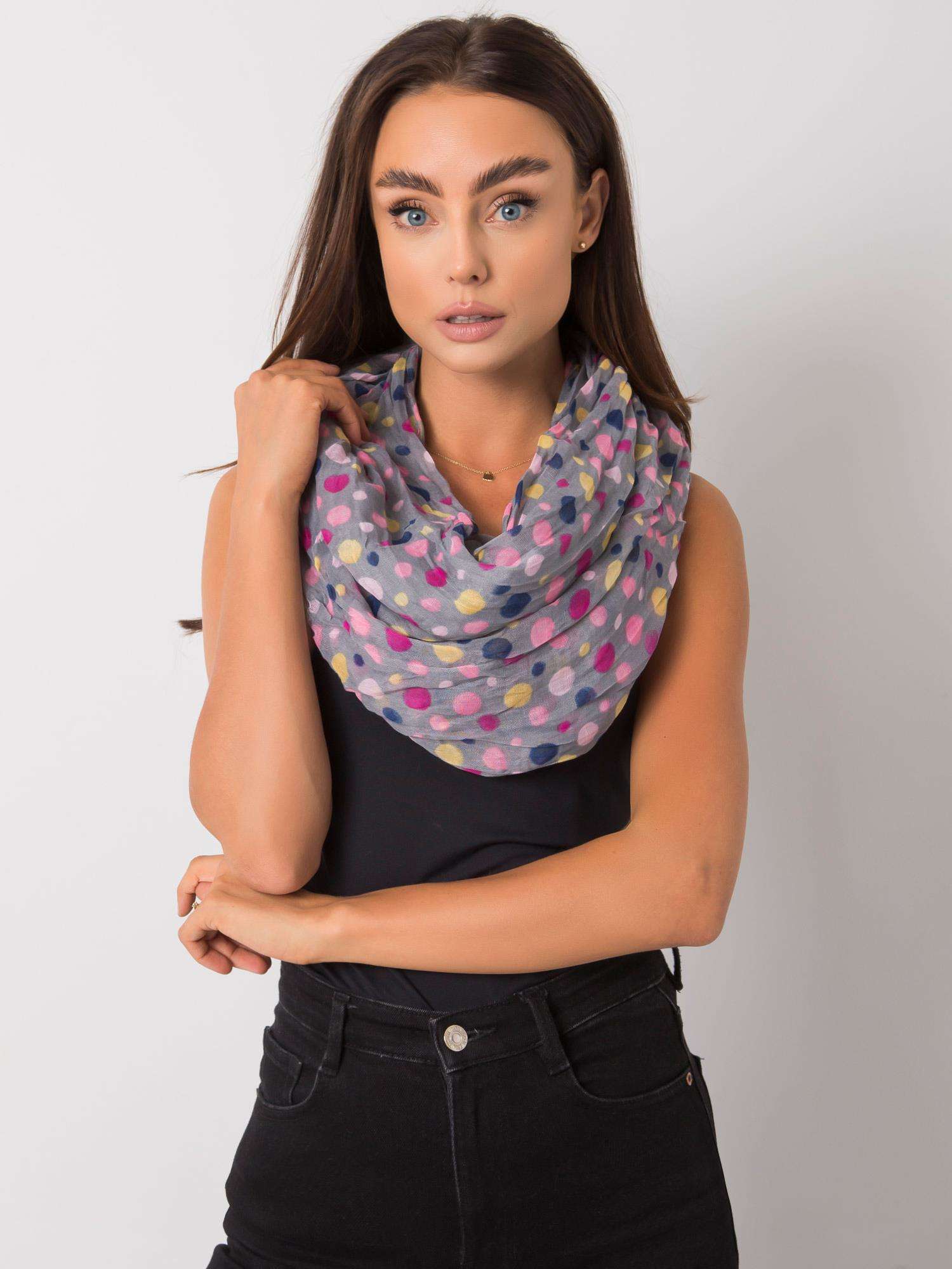 Grey Scarf With Colored Polka Dots