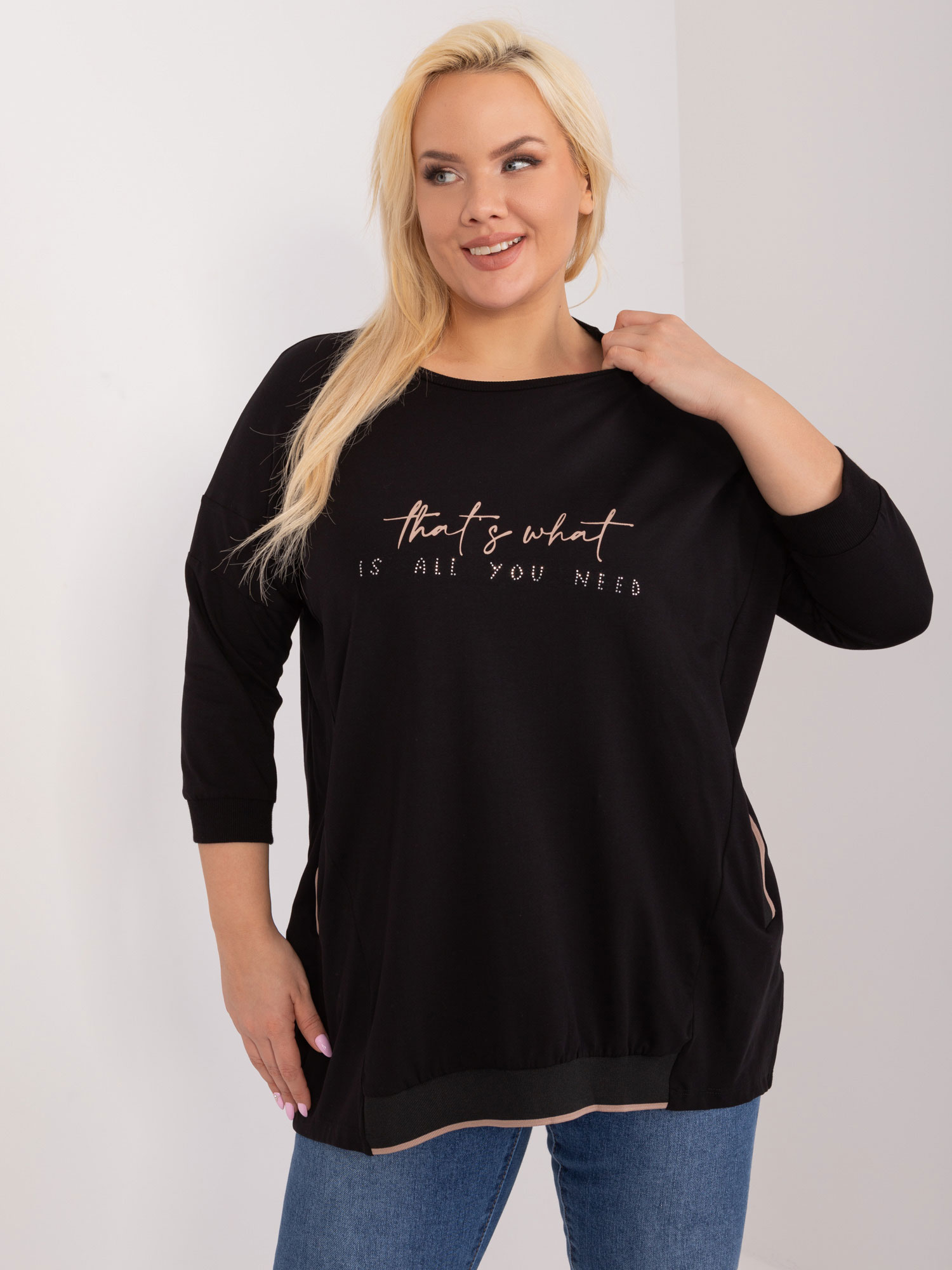 Black plus-size blouse with rhinestone applique