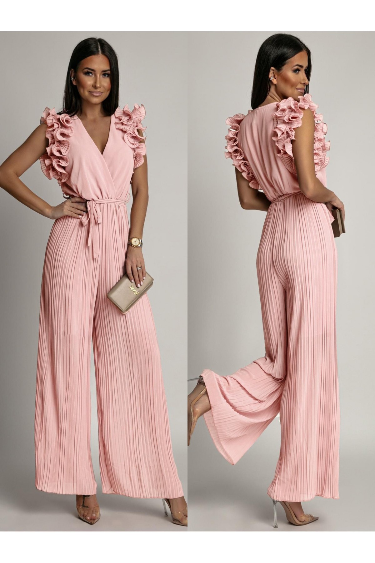 Pleated jumpsuit with ruffles, light pink