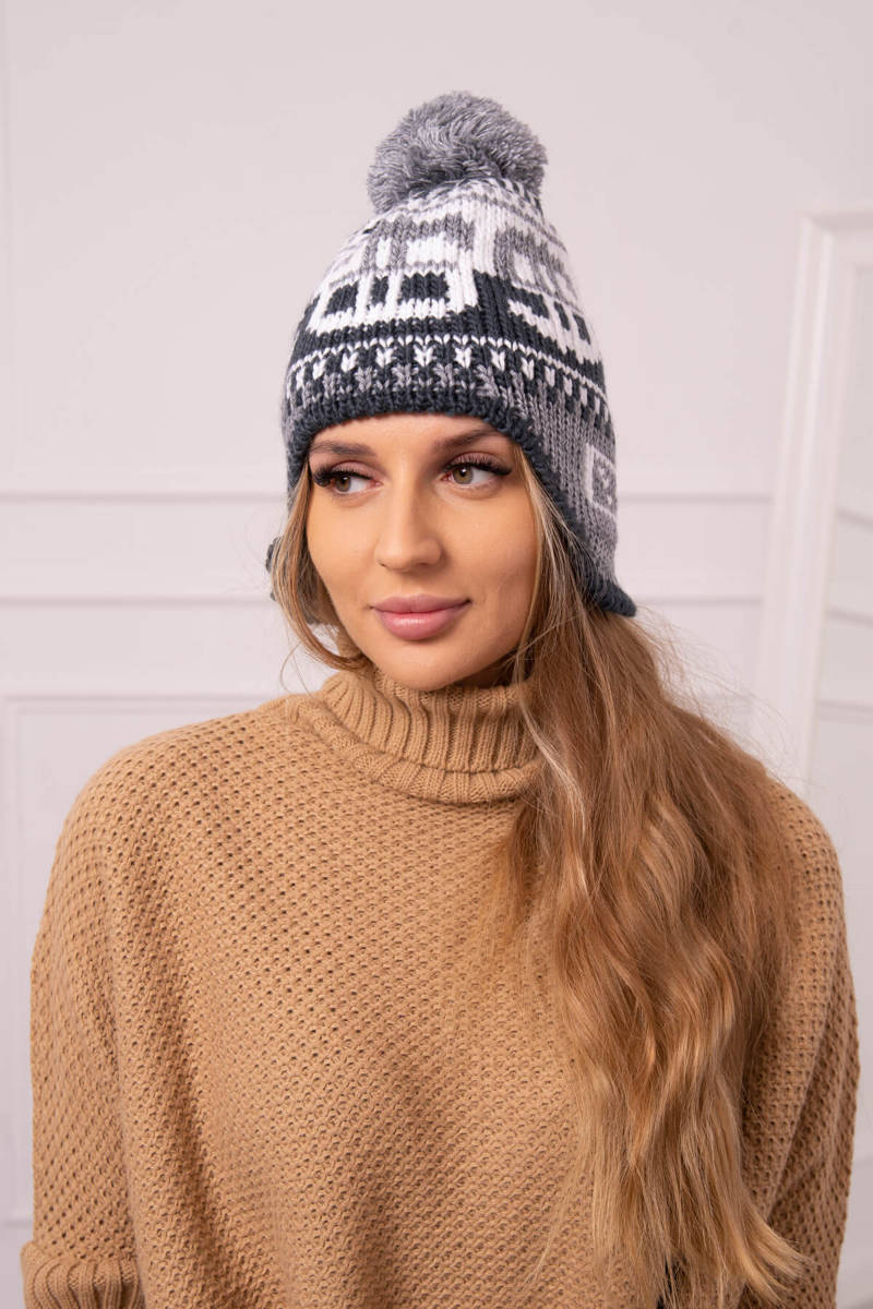 Cap with pompom Rosa K368 white+graphite+dark gray