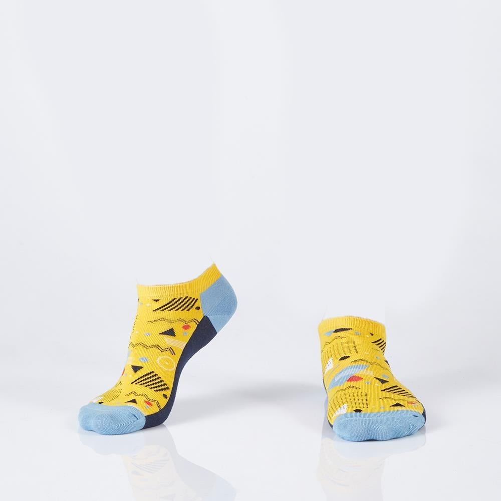 Navy blue and yellow women's short socks with geometric patterns