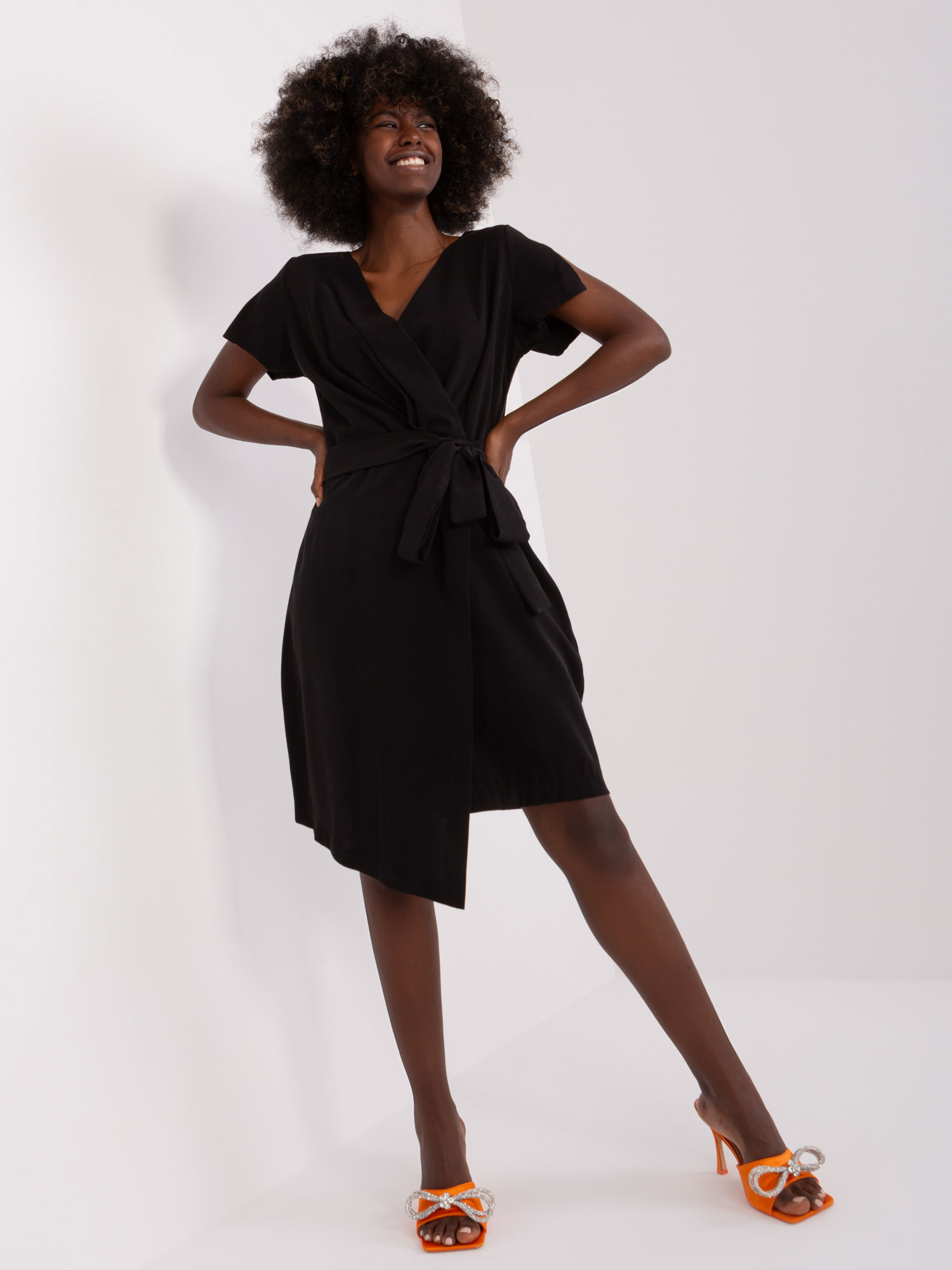 Black asymmetrical dress with belt by ZULUNA