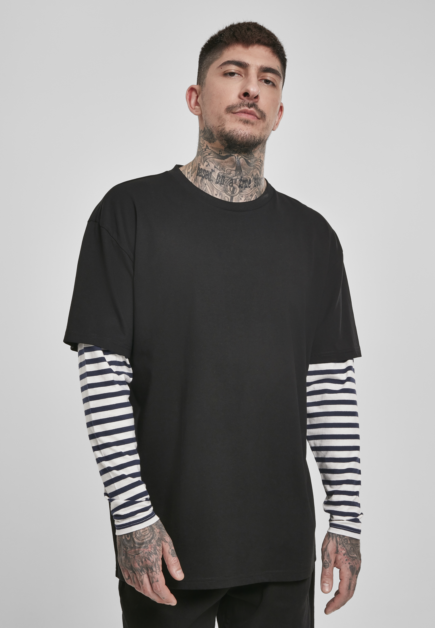Oversized Double Layer Striped LS Tee Black