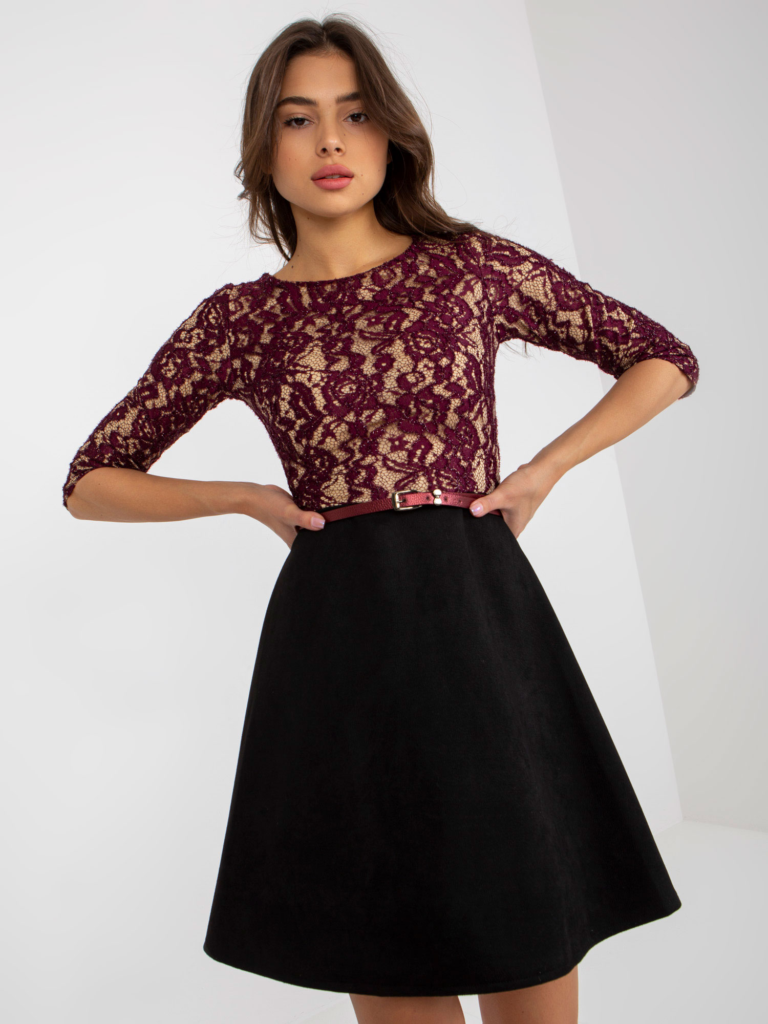 Purple and black flowing cocktail dress with lace