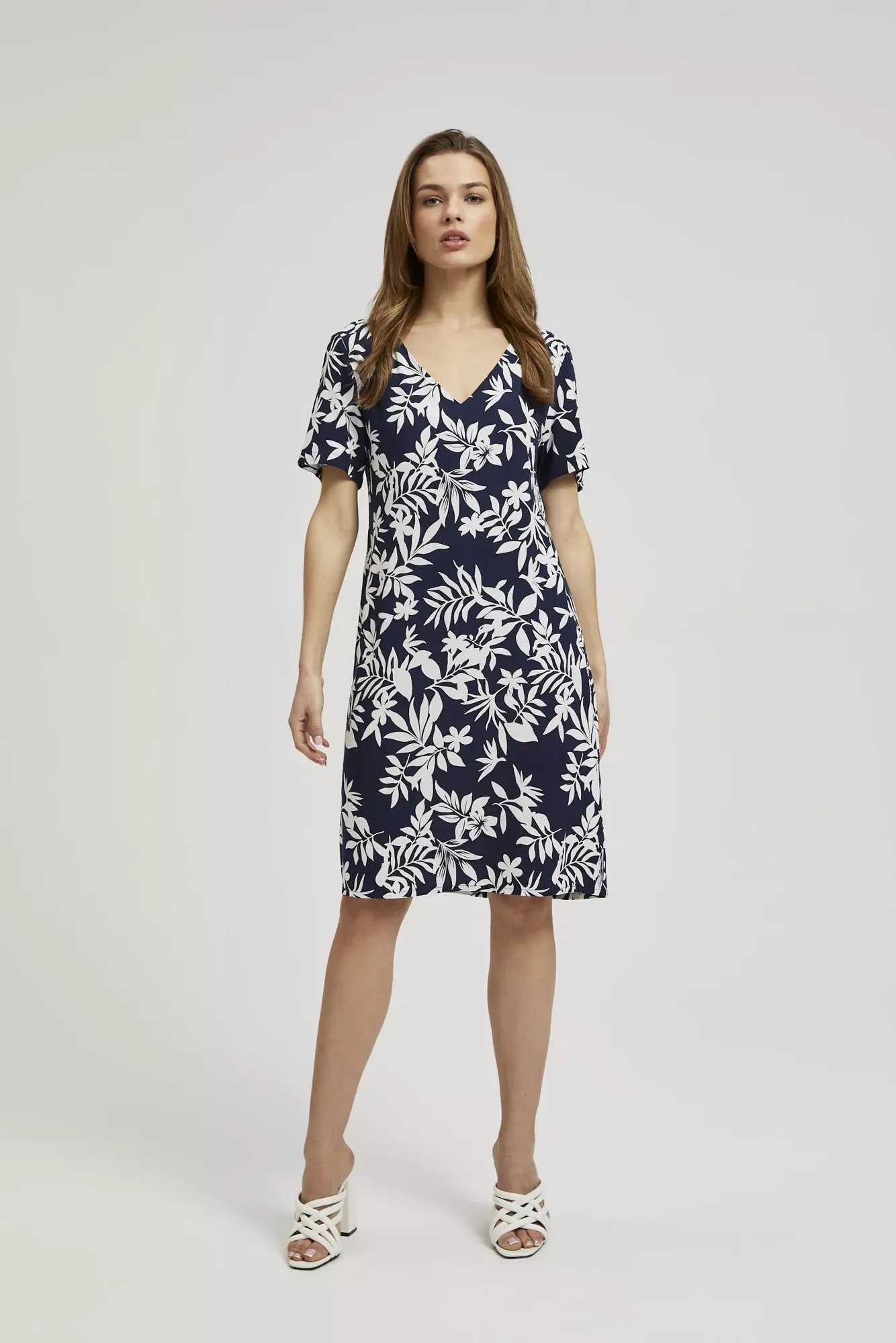 Women's dress MOODO - navy blue, floral pattern