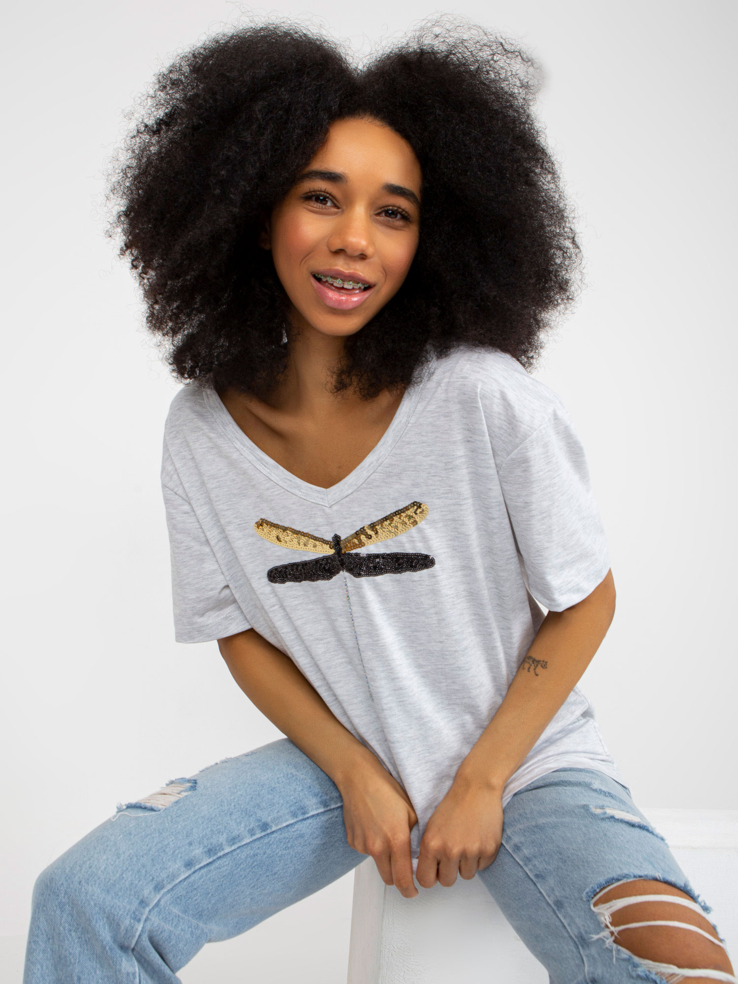 Light Grey Cotton T-shirt With Patches