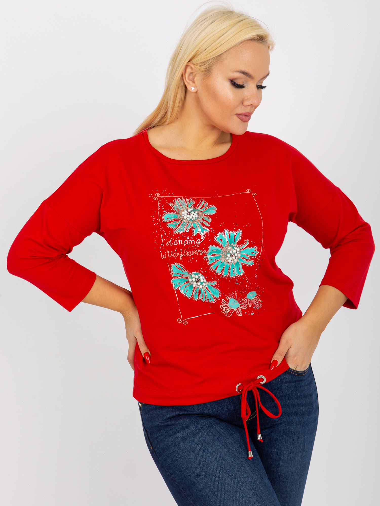 Women's Blouse Plus Size With 3/4 Sleeves And Print - Red