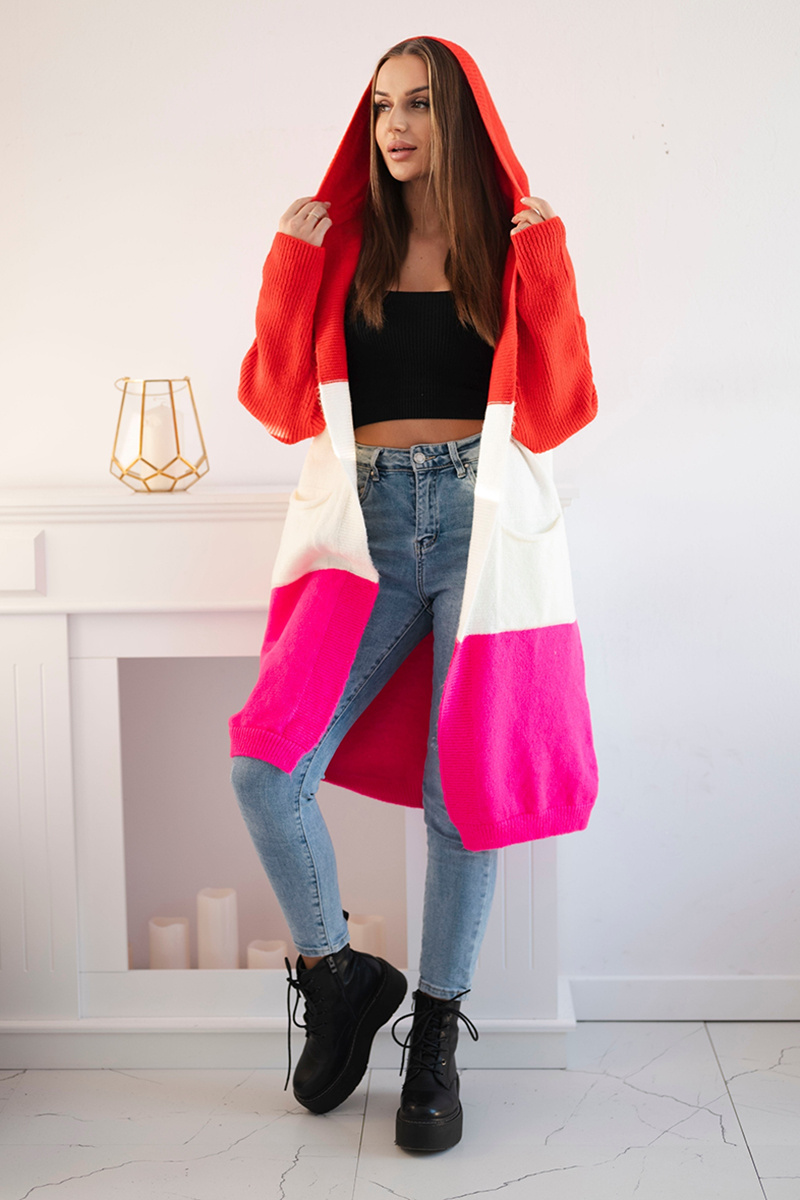 Striped Hooded Sweater Red+ecru+pink