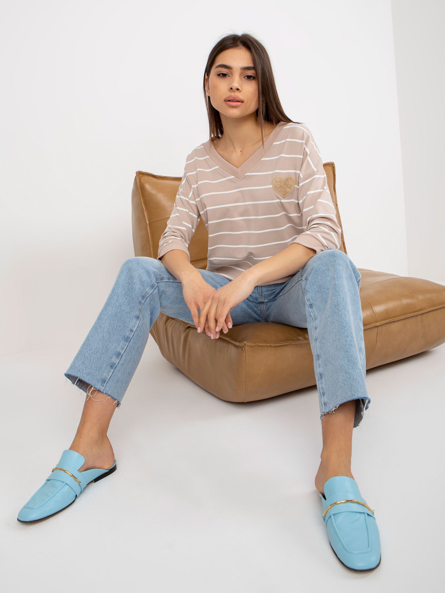 Beige And White Striped Blouse With 3/4 Sleeves By BASIC FEEL GOOD