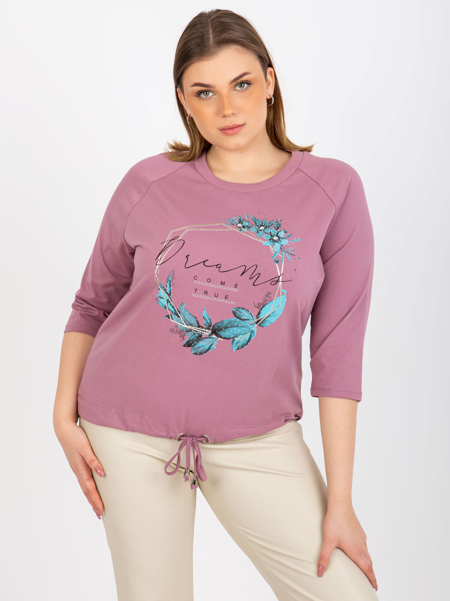 Γυναικείο T-shirt plus size με 3/4 μανίκια raglan – ροζ πούδρα