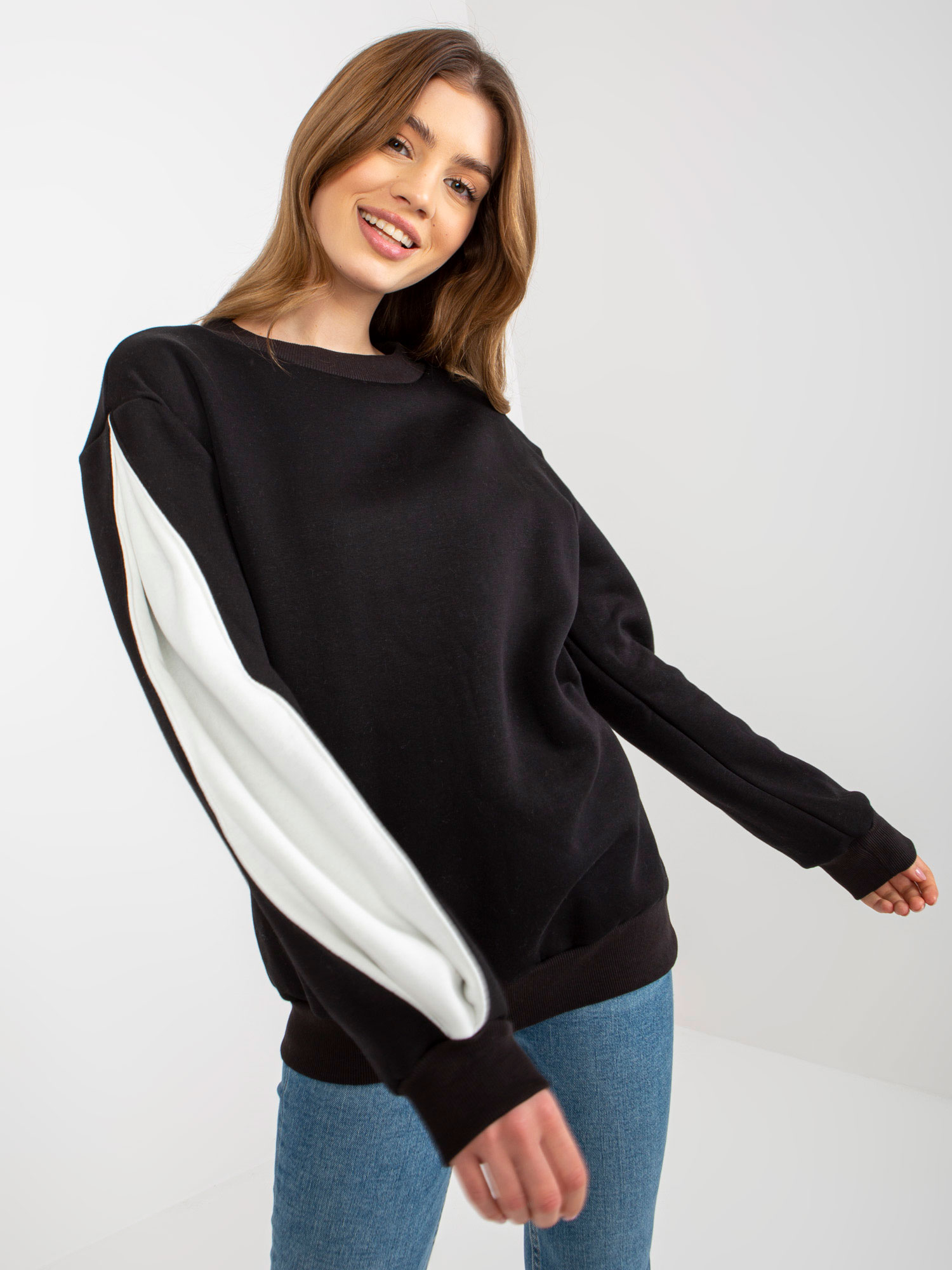 Black Hoodless Sweatshirt With Slits On Sleeves