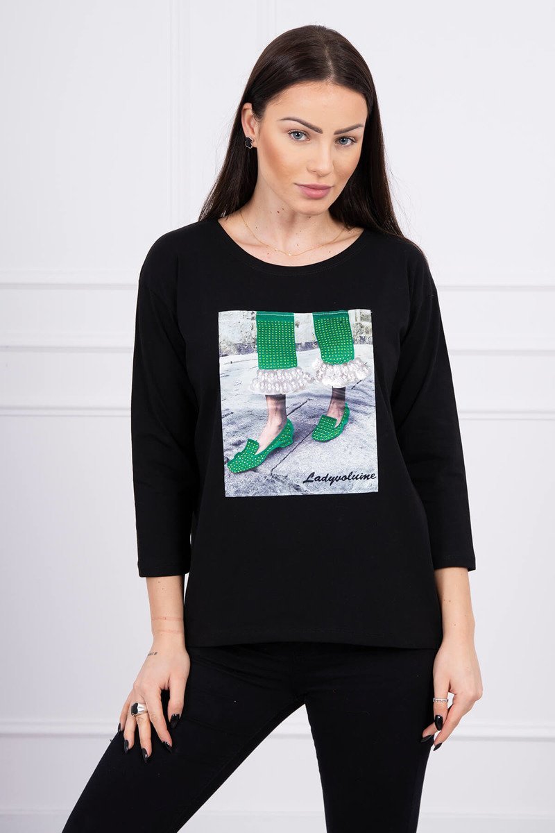 Blouse with 3D graphics with zircons black