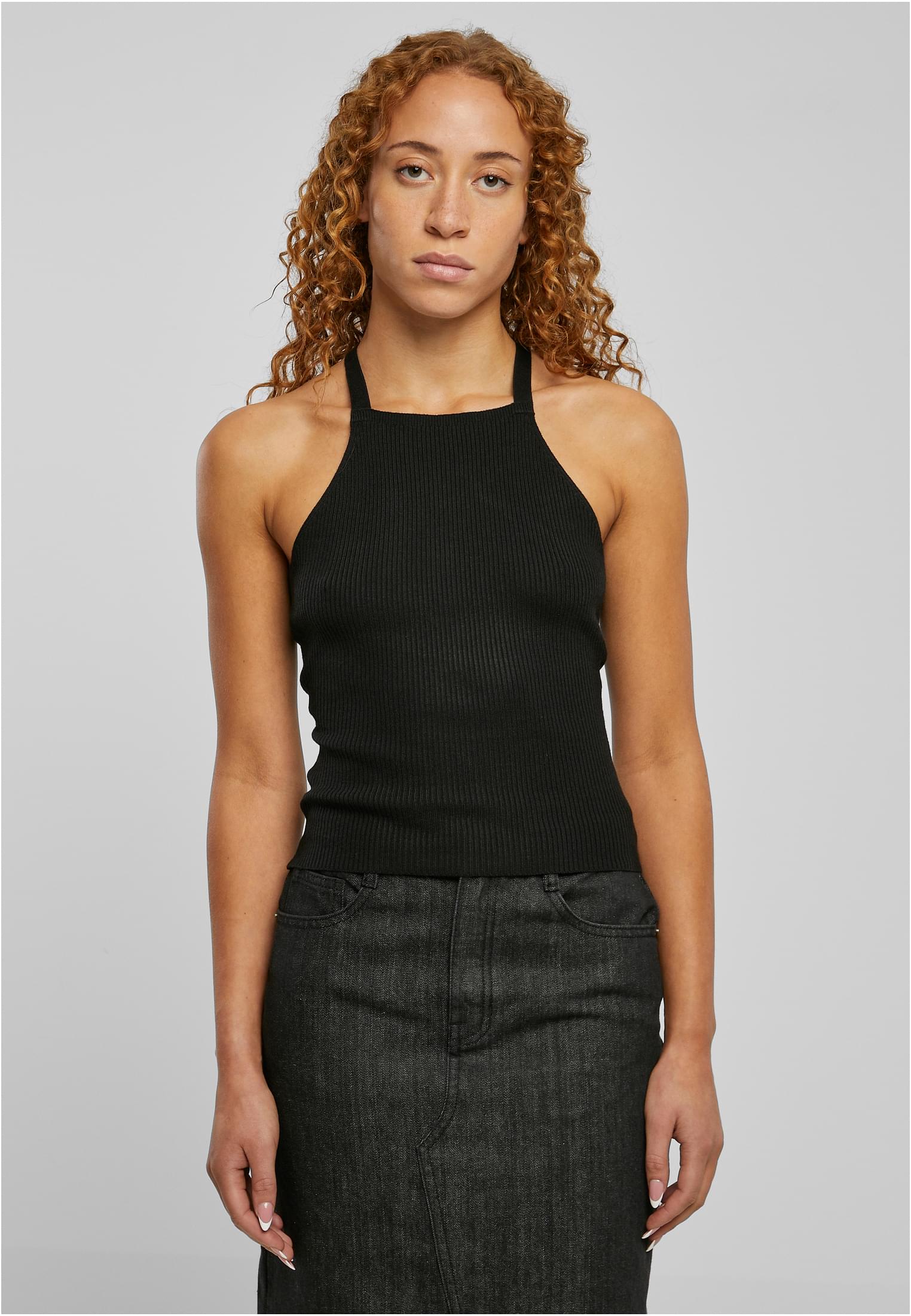 Women's Ribbed Knit Top With Crossed Back, Black