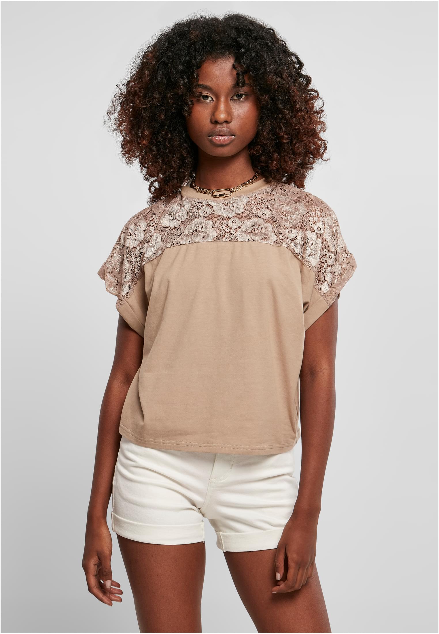 Women's Short Oversized Lace T-Shirt Softtaupe