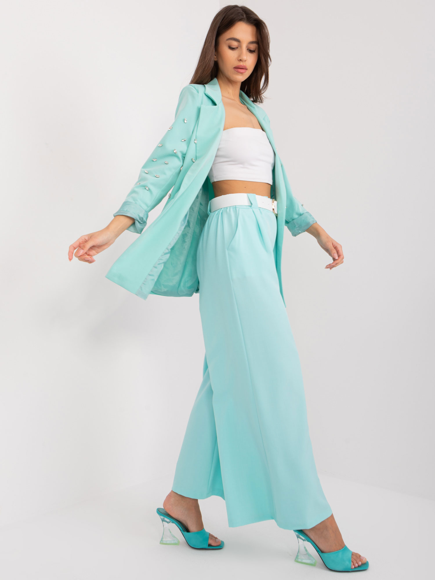 Mint fabric trousers with elastic waistband