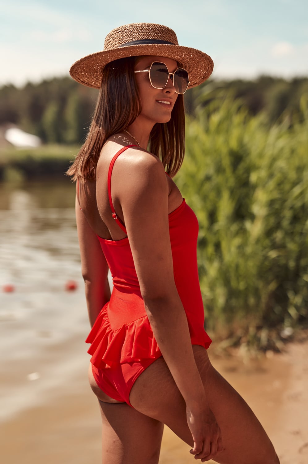 Red pleated swimsuit