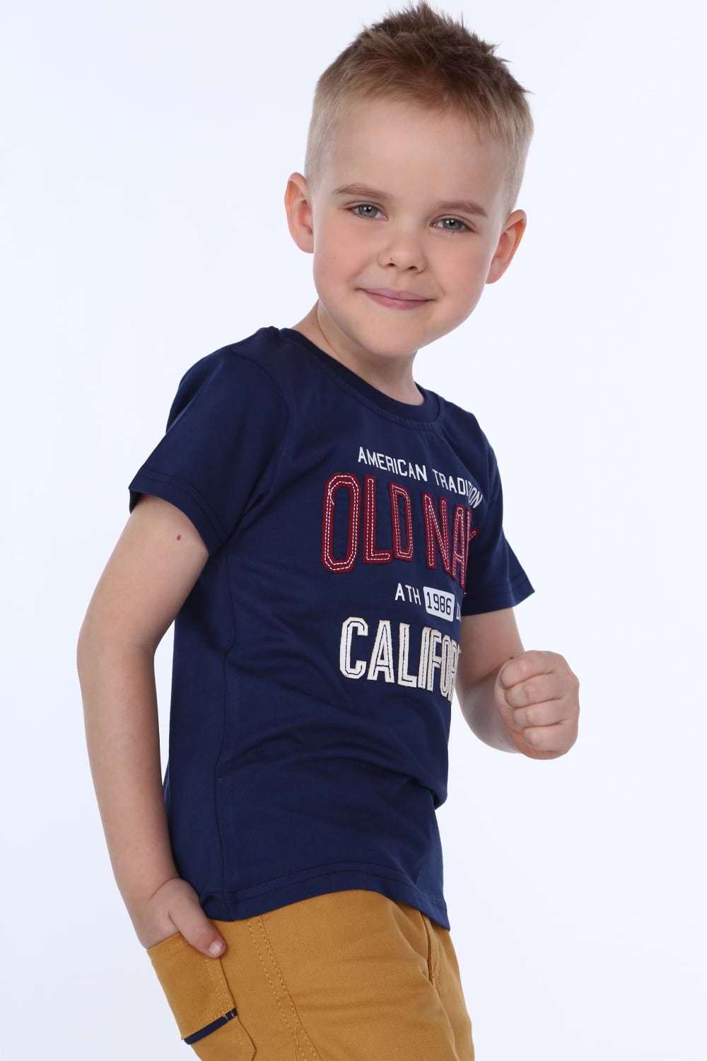 Boys' dark blue T-shirt with inscriptions