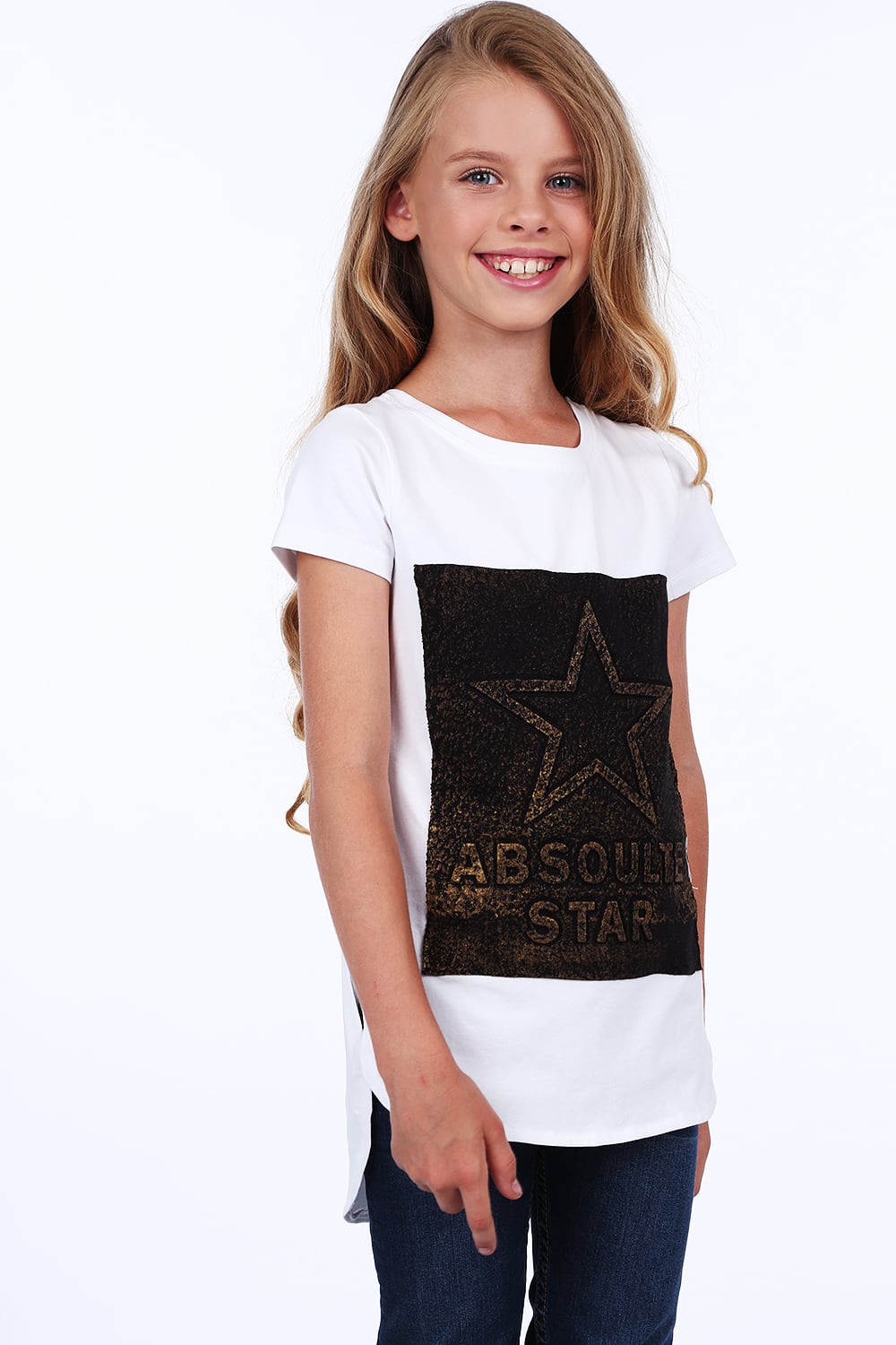 White girl's T-shirt with longer back