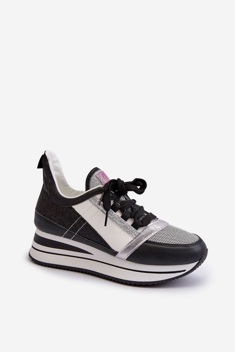 Women's wedge and platform sneakers with shimmering black Rafani
